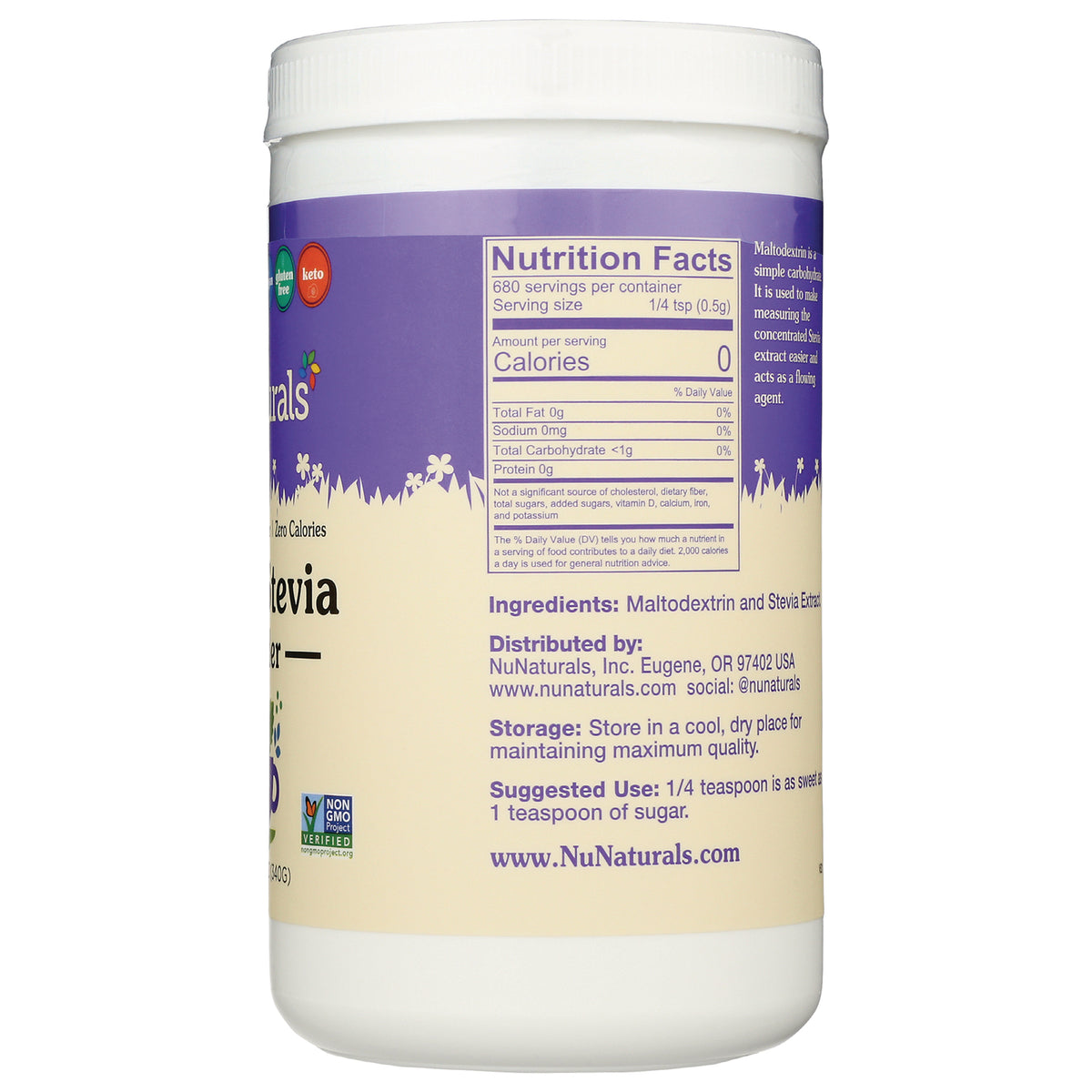 NN047 | Back label of NuNaturals stevia container showing Nutrition Facts, ingredients, storage and suggested use