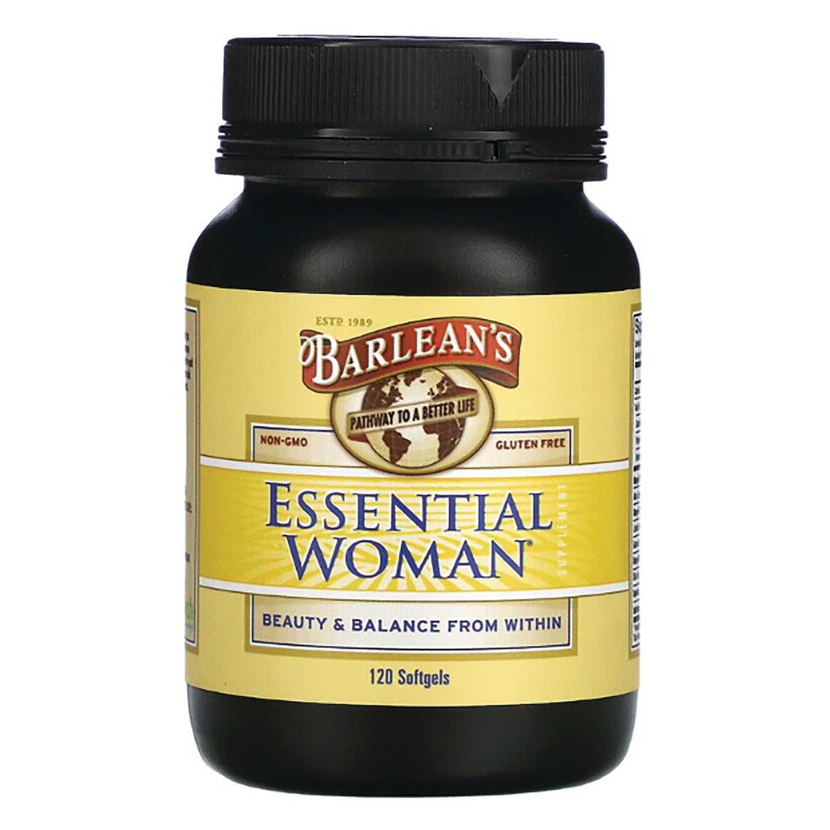 BAR037 | Barlean's Essential Woman supplement bottle with yellow label, 120 softgels