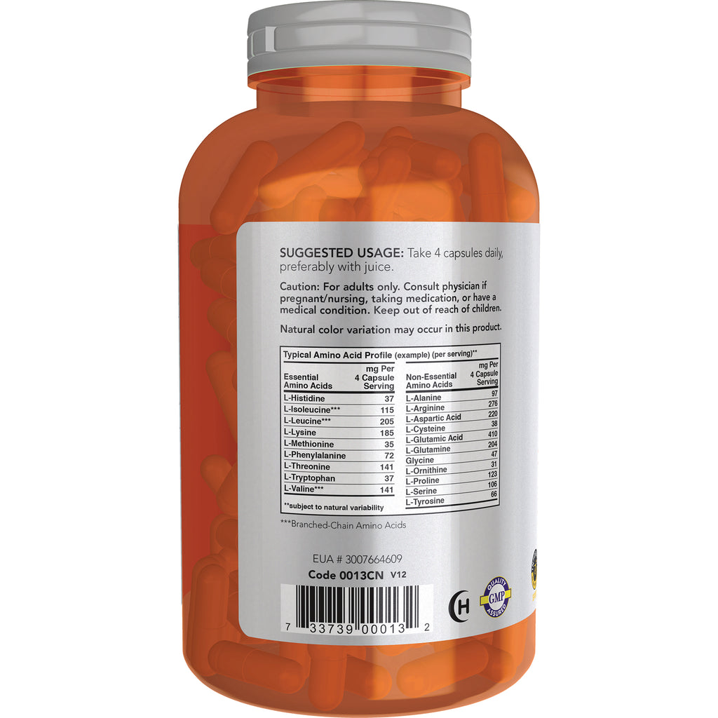 NWF168 | Back of orange supplement bottle showing suggested usage, amino acid table, barcode and orange capsules - Thumbnail