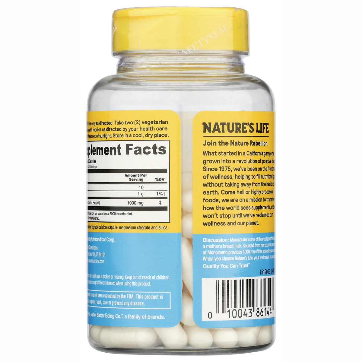 HS059 | Back of Nature's Life supplement bottle showing Supplement Facts panel, barcode, and white capsules