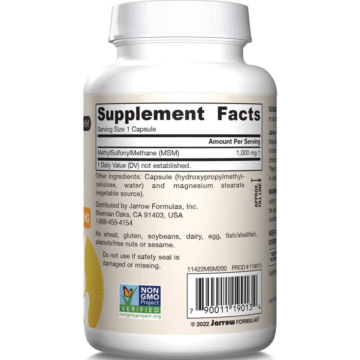 JR346 | Back label showing Supplement Facts for MethylSulfonylMethane (MSM) 1,000 mg, ingredients, distributor info, non-GMO verified logo and barcode
