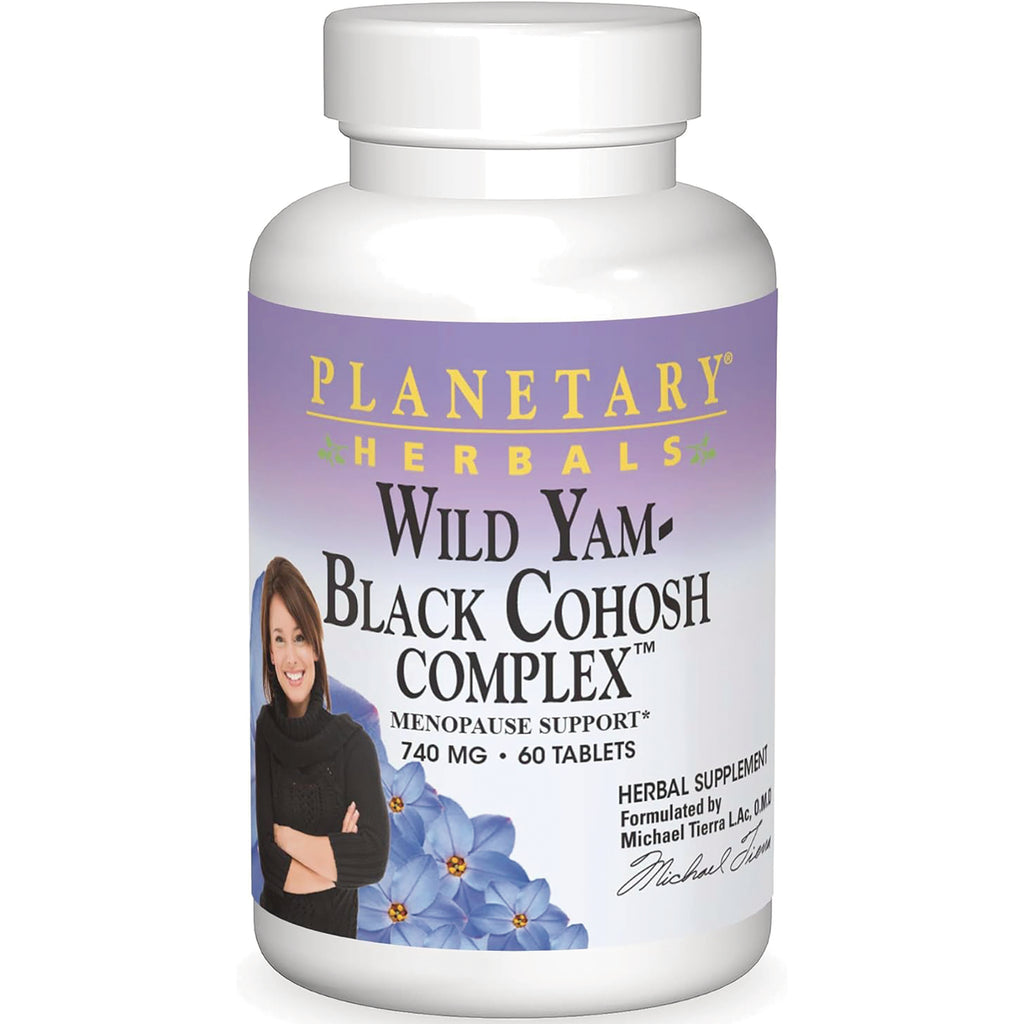 PF141 | White bottle labeled Planetary Herbals Wild Yam Black Cohosh Complex 740 MG 60 tablets with woman and blue flowers - Thumbnail