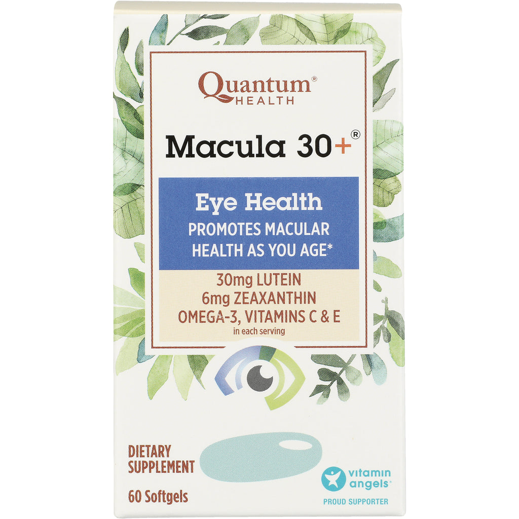 QU075 | Quantum Health Macula 30+ Eye Health box showing 30mg lutein, 6mg zeaxanthin and 60 softgels - Thumbnail