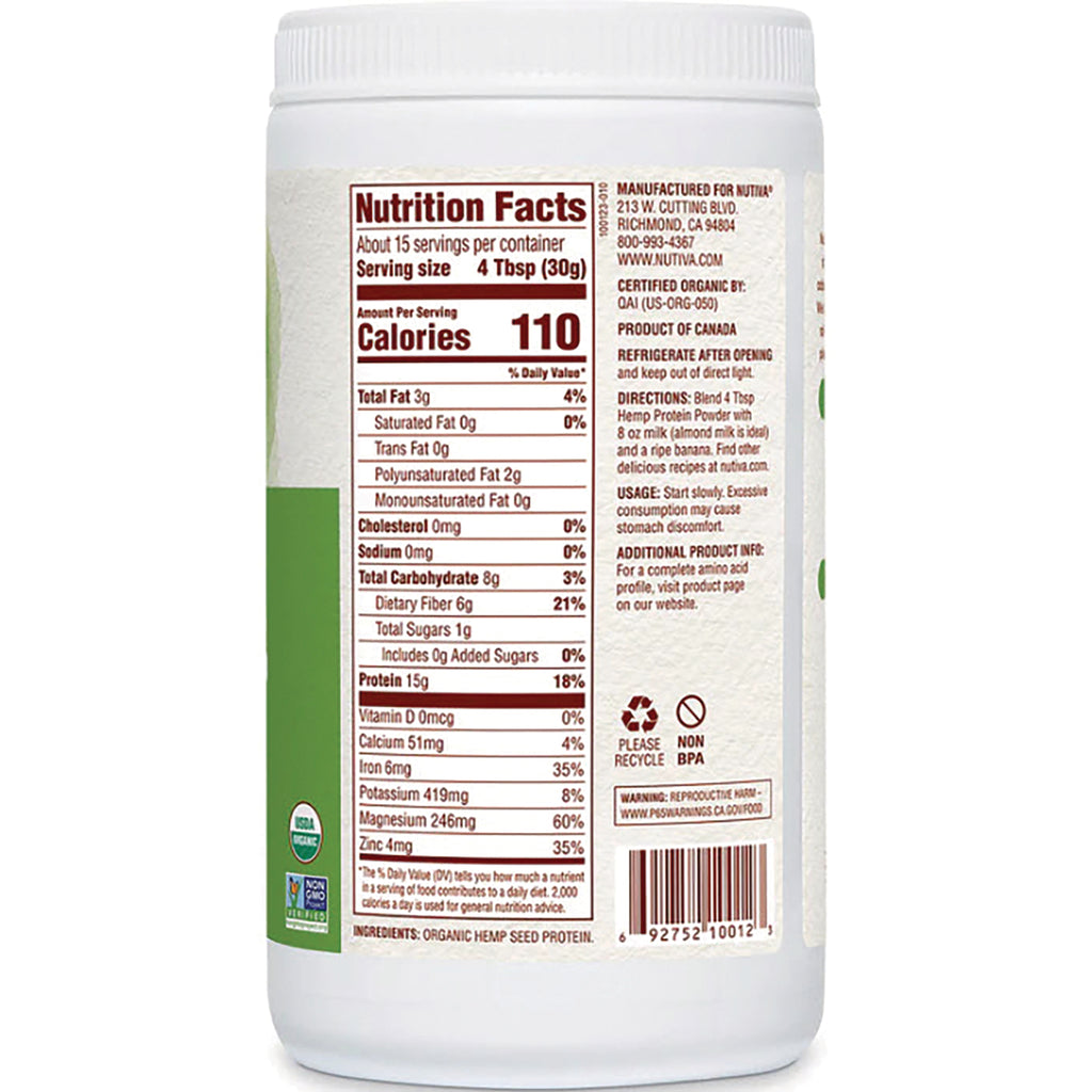 NTV014 | back label showing Nutrition Facts, serving size, calories, and ingredients for organic hemp protein powder - Thumbnail