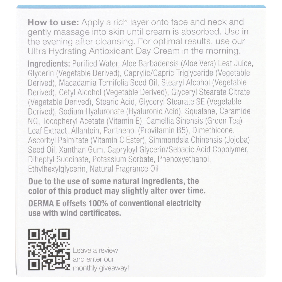 DE036 | Back panel showing how to use instructions, full ingredient list, QR code and sustainability note