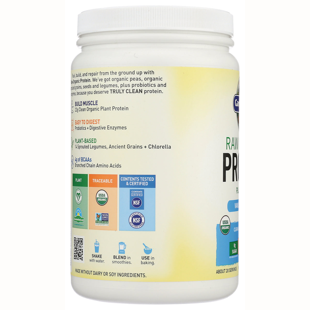 GLF145 | side panel infographic on protein powder jar showing benefits, certifications, and shake, blend, use in baking icons