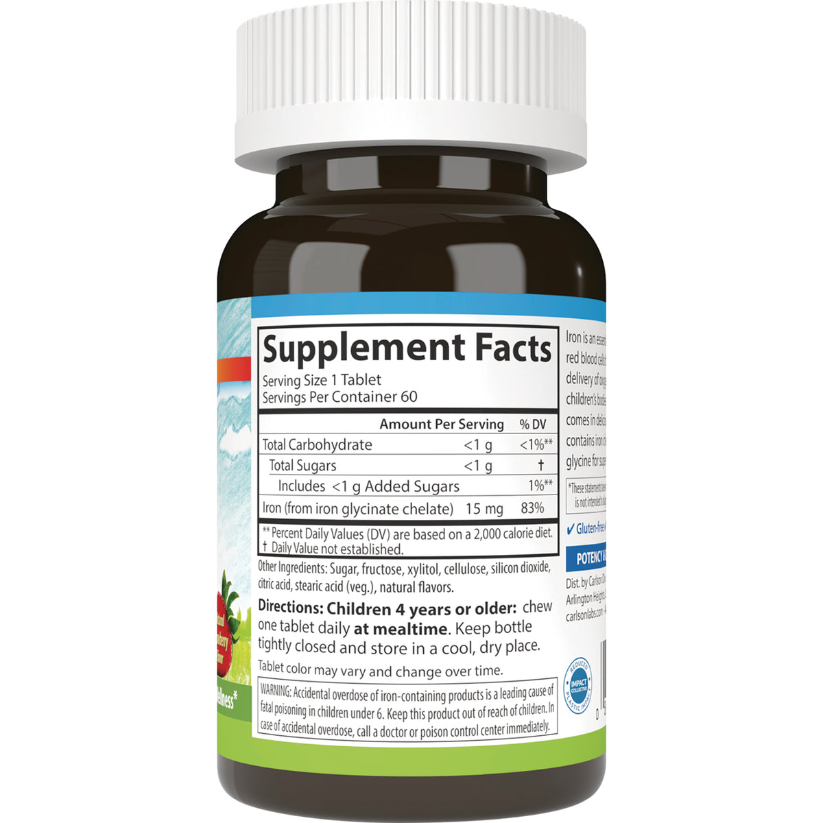 CSN296 | Back of brown supplement bottle showing Supplement Facts panel, ingredient list and directions for children 4 years or older