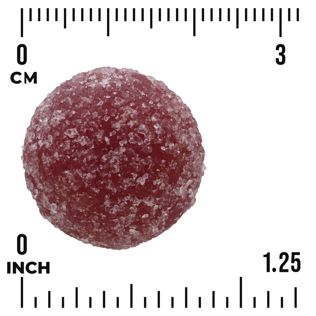 SW1970 | red sugar-coated round gummy with visible centimeter and inch rulers