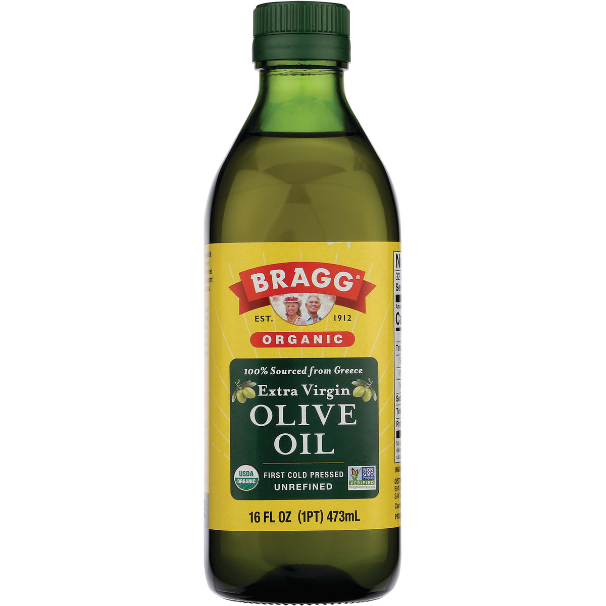 BR010 | Bragg Organic Extra Virgin Olive Oil 16 fl oz bottle with yellow label
