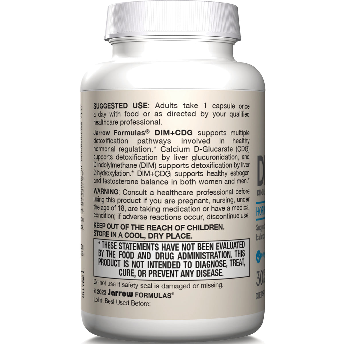 JR260 | Back label of supplement bottle showing suggested use, warnings, and FDA disclaimer text