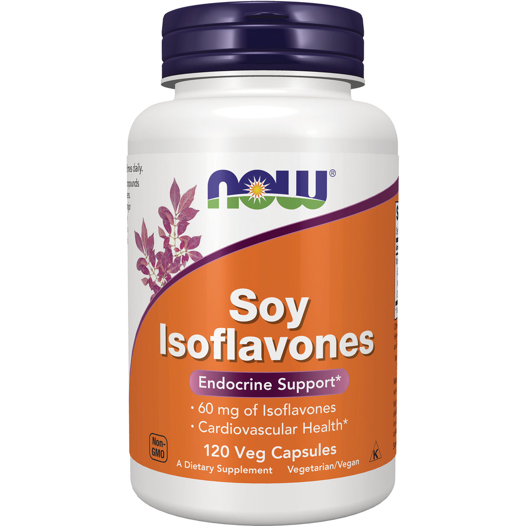 NWF573 | NOW Soy Isoflavones supplement bottle, orange label, 120 Veg Capsules, Endocrine Support - Thumbnail