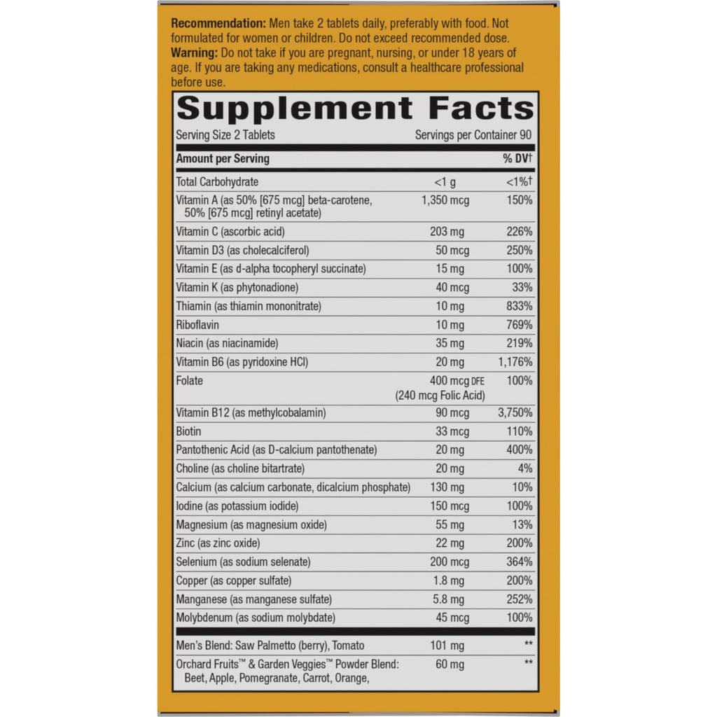 NW1076 | Supplement Facts panel for men's multivitamin tablets with dosage and ingredient details - Thumbnail