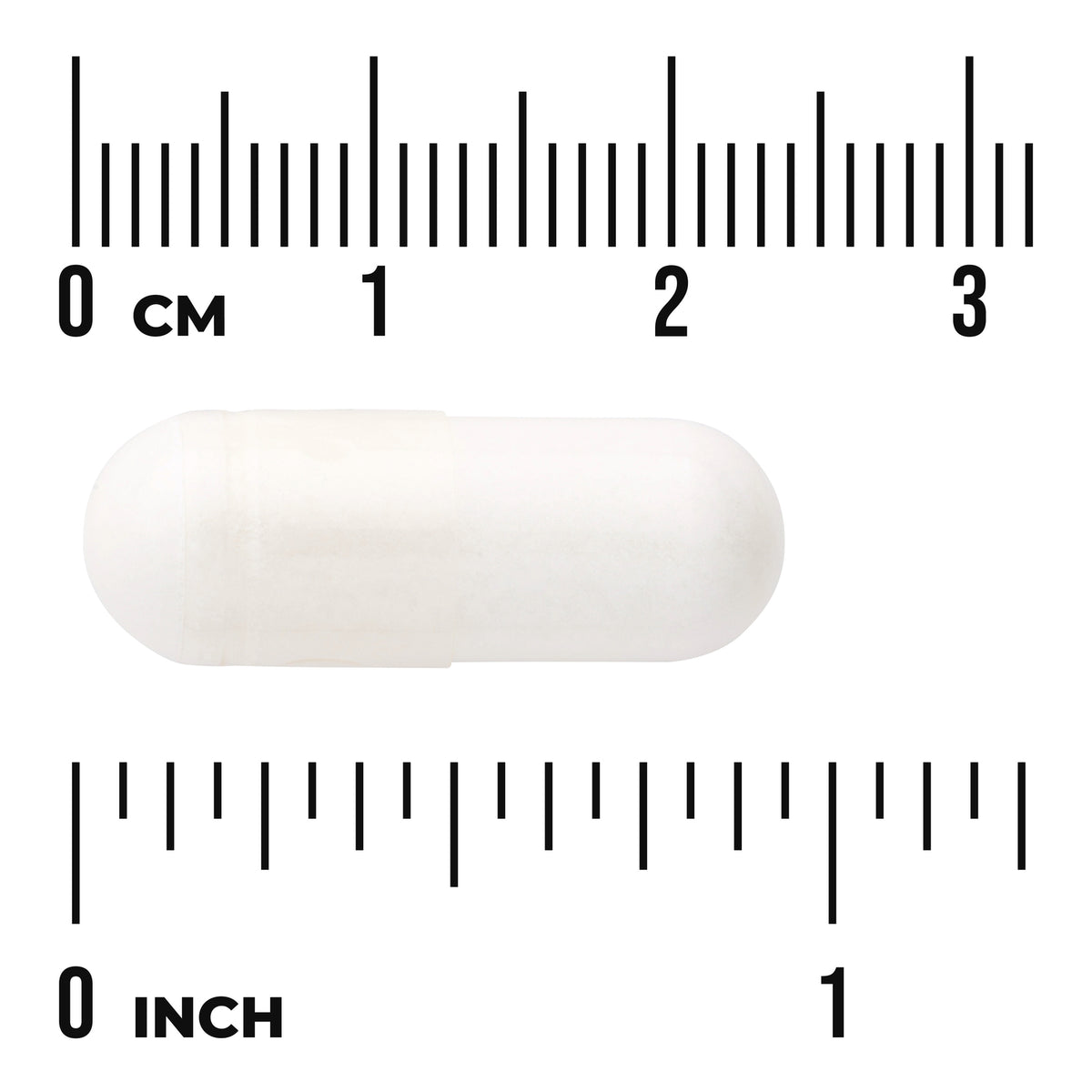 SW1698 | White capsule shown with cm and inch rulers for size reference
