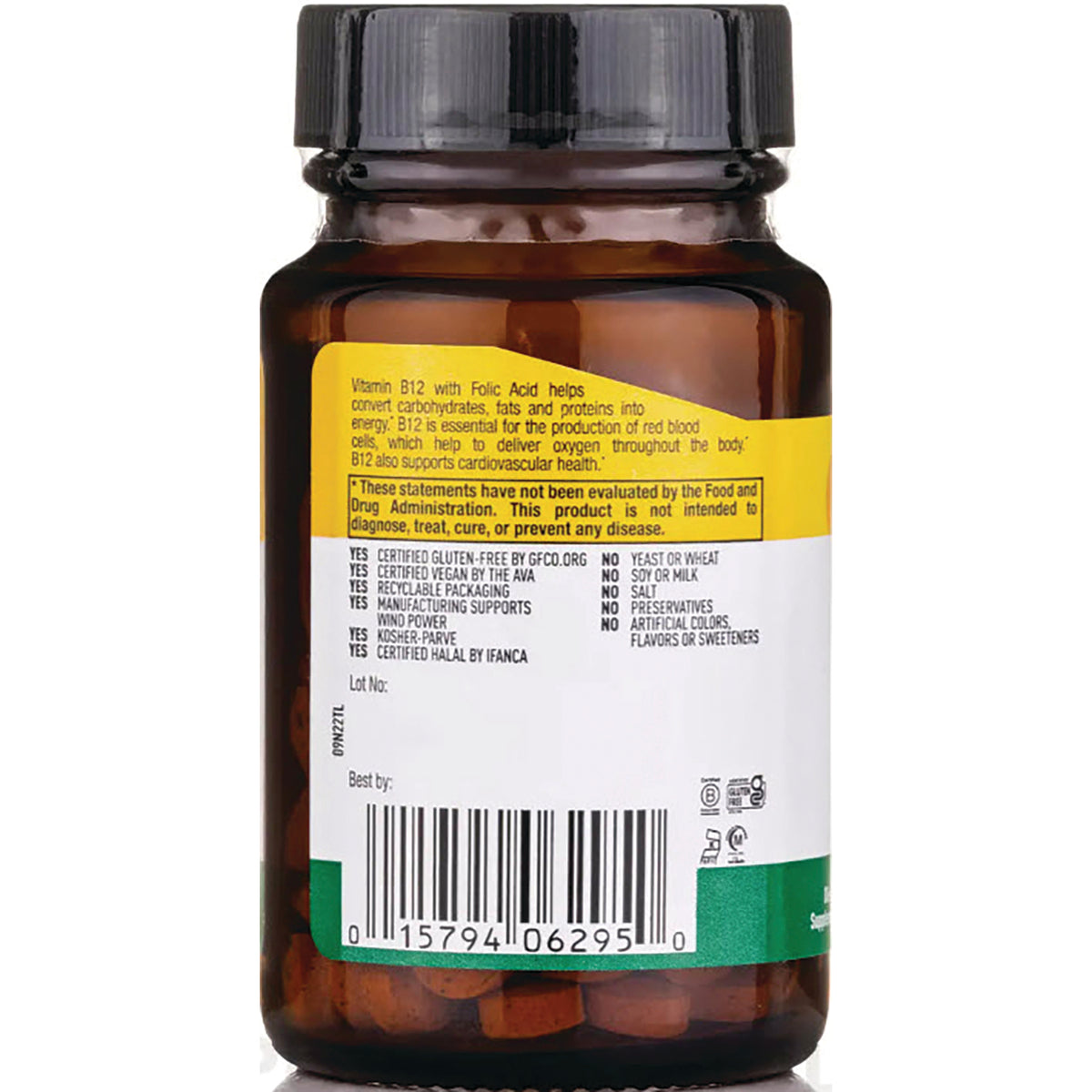 CRL148 | Back of amber supplement bottle showing label with barcode, certifications, and small warning text