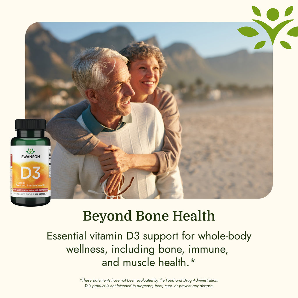 SW1371 | Older couple enjoying a beach walk with Swanson D3 supplement bottle and wellness message - Thumbnail