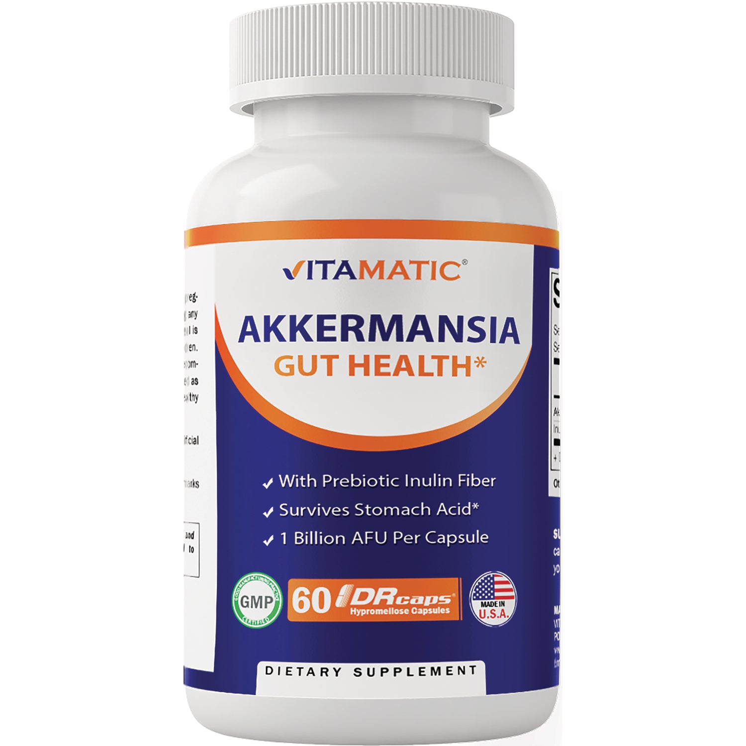 VAM002 | Vitamatic Akkermansia Gut Health dietary supplement bottle, 60 DRcaps, with prebiotic inulin fiber