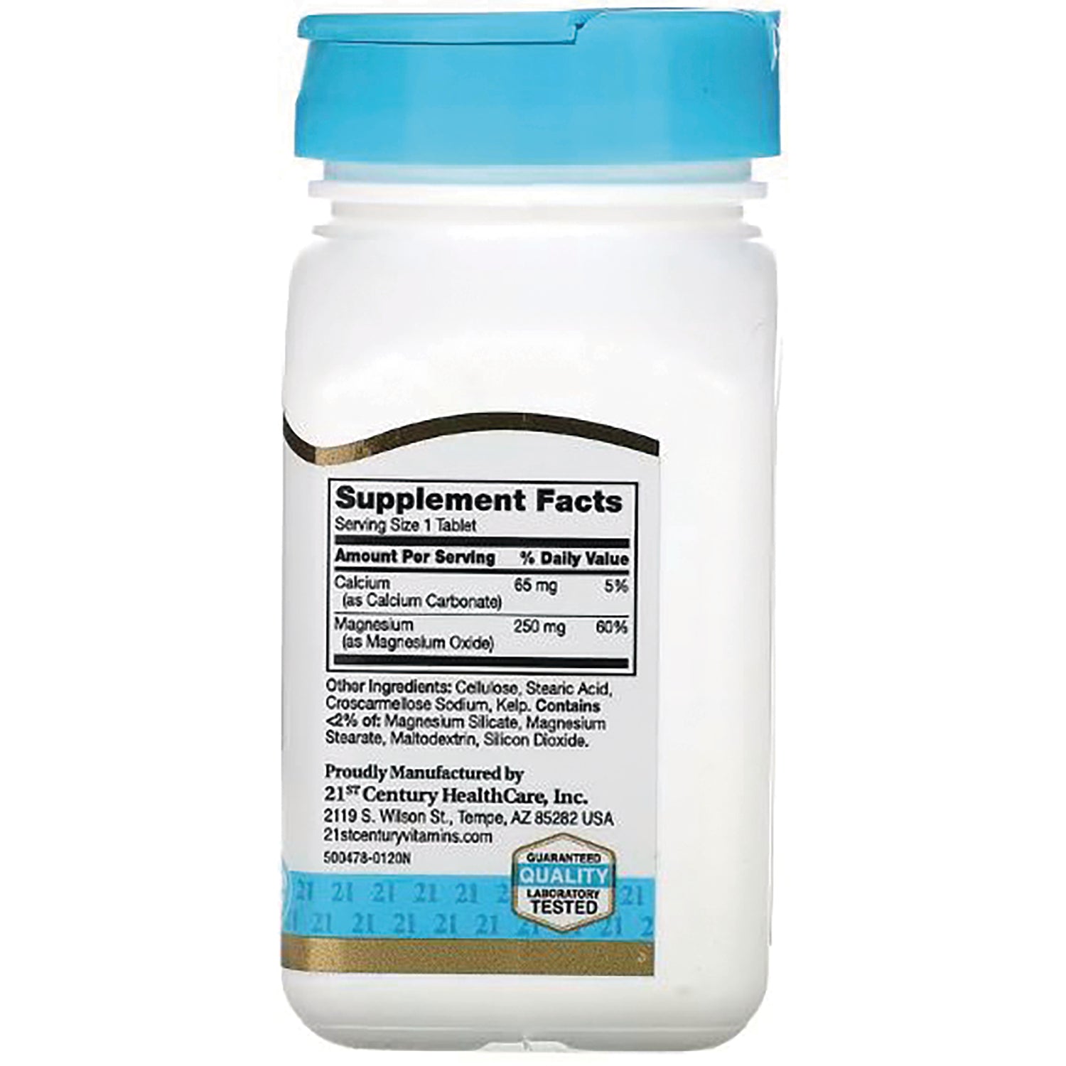 CNT099 | Back of white supplement bottle with blue cap showing Supplement Facts and ingredients label