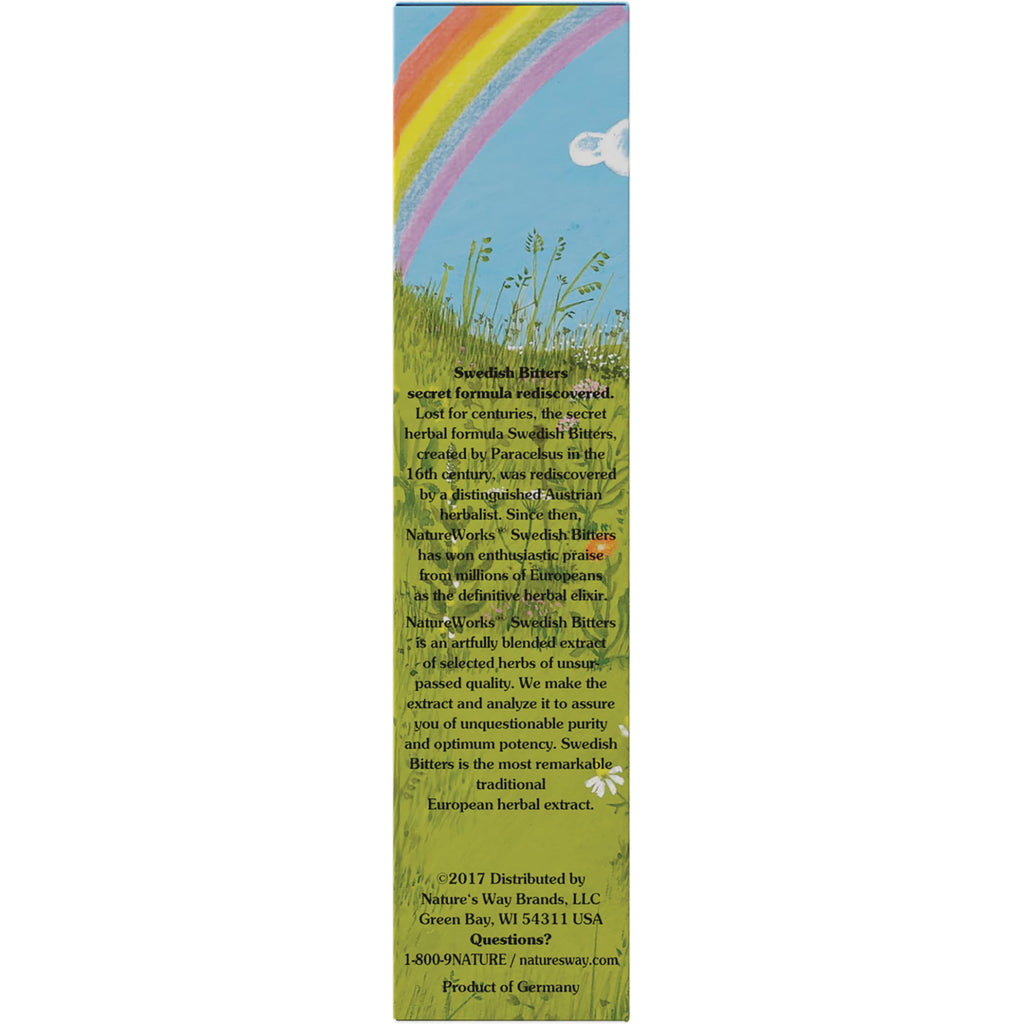 NR003 | narrow product infographic panel with rainbow over grass and printed Swedish Bitters product description and distributor info - Thumbnail