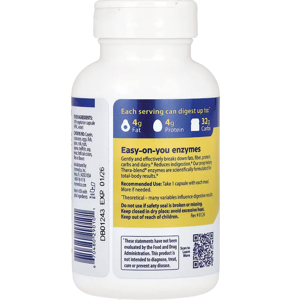 EMD039 | Back label of white supplement bottle reading Easy-on-you enzymes with nutrition icons 4g Fat, 4g Protein, 32g Carbs - Thumbnail