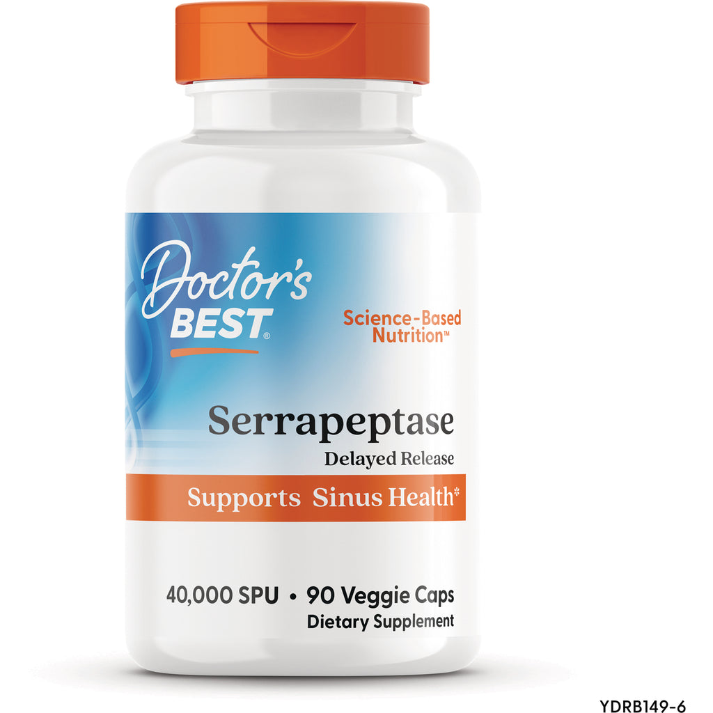 DB097 | White Doctor's Best Serrapeptase bottle labeled Delayed Release, supports Sinus Health, 40,000 SPU, 90 veggie caps - Thumbnail