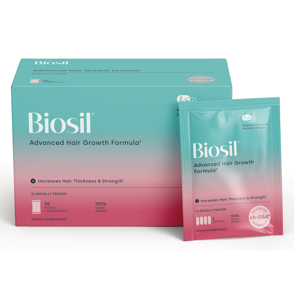 NFC217 | Biosil Advanced Hair Growth Formula box with single packet, teal to pink gradient packaging - Thumbnail