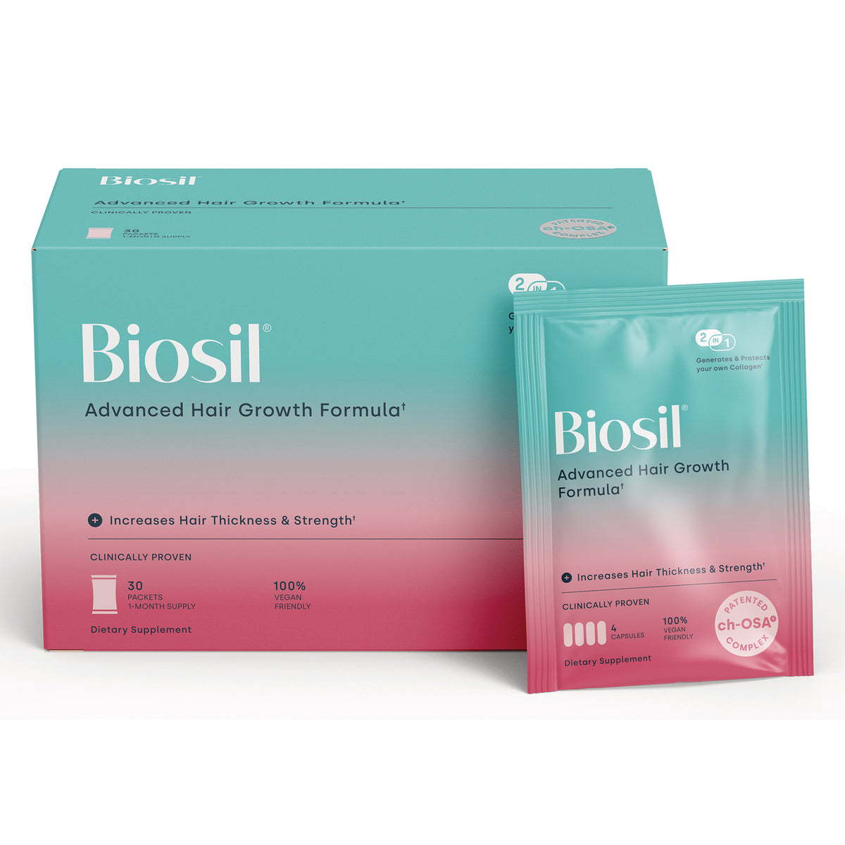 NFC217 | Biosil Advanced Hair Growth Formula box with single packet, teal to pink gradient packaging