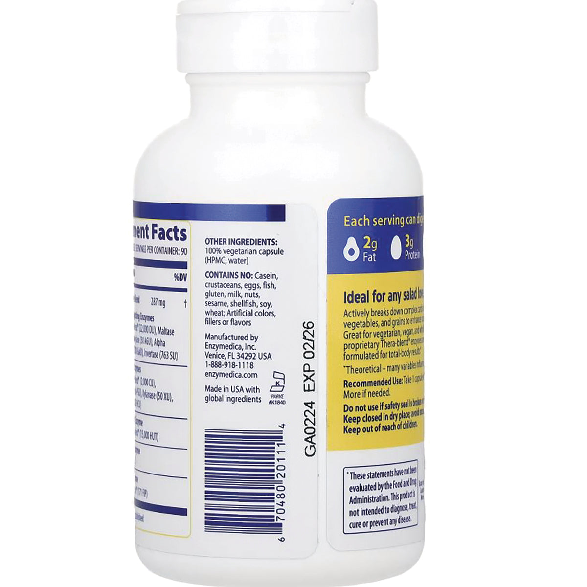 EMD025 | Back of white supplement bottle showing supplement facts, ingredients, barcode, and expiration code