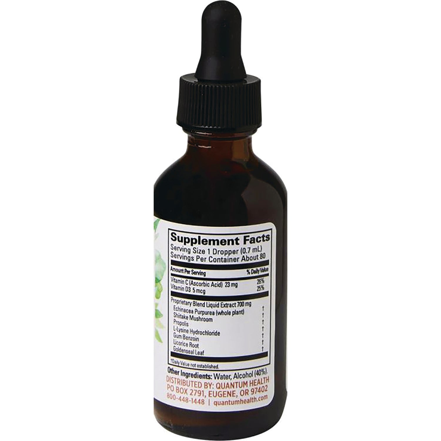QU053 | Amber glass dropper bottle showing back label with Supplement Facts panel and ingredients
