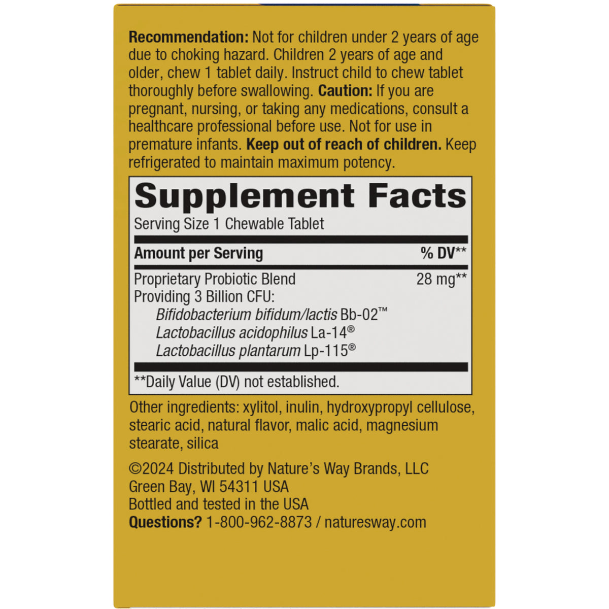 NW565 | back panel showing Supplement Facts, serving size 1 chewable tablet, ingredients and warnings