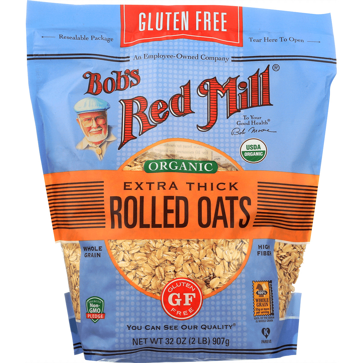 BOB341 | Bob's Red Mill organic extra thick rolled oats bag labeled gluten free with visible oats through window