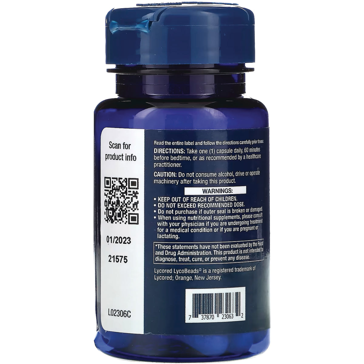 LE477 | Back label showing directions, warnings, QR code, barcode, lot and date information