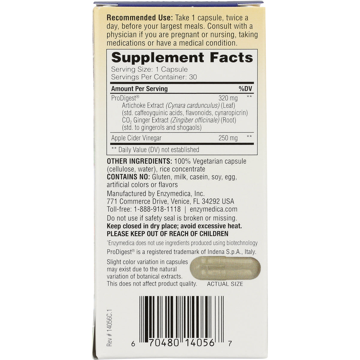 EMD091 | Back of supplement box showing Supplement Facts panel, other ingredients, barcode, and actual-size capsule