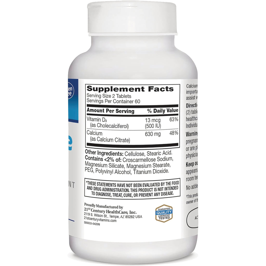 CNT232 | Back of white supplement bottle showing Supplement Facts panel with Vitamin D3 13 mcg (500 IU) and Calcium 630 mg - Thumbnail