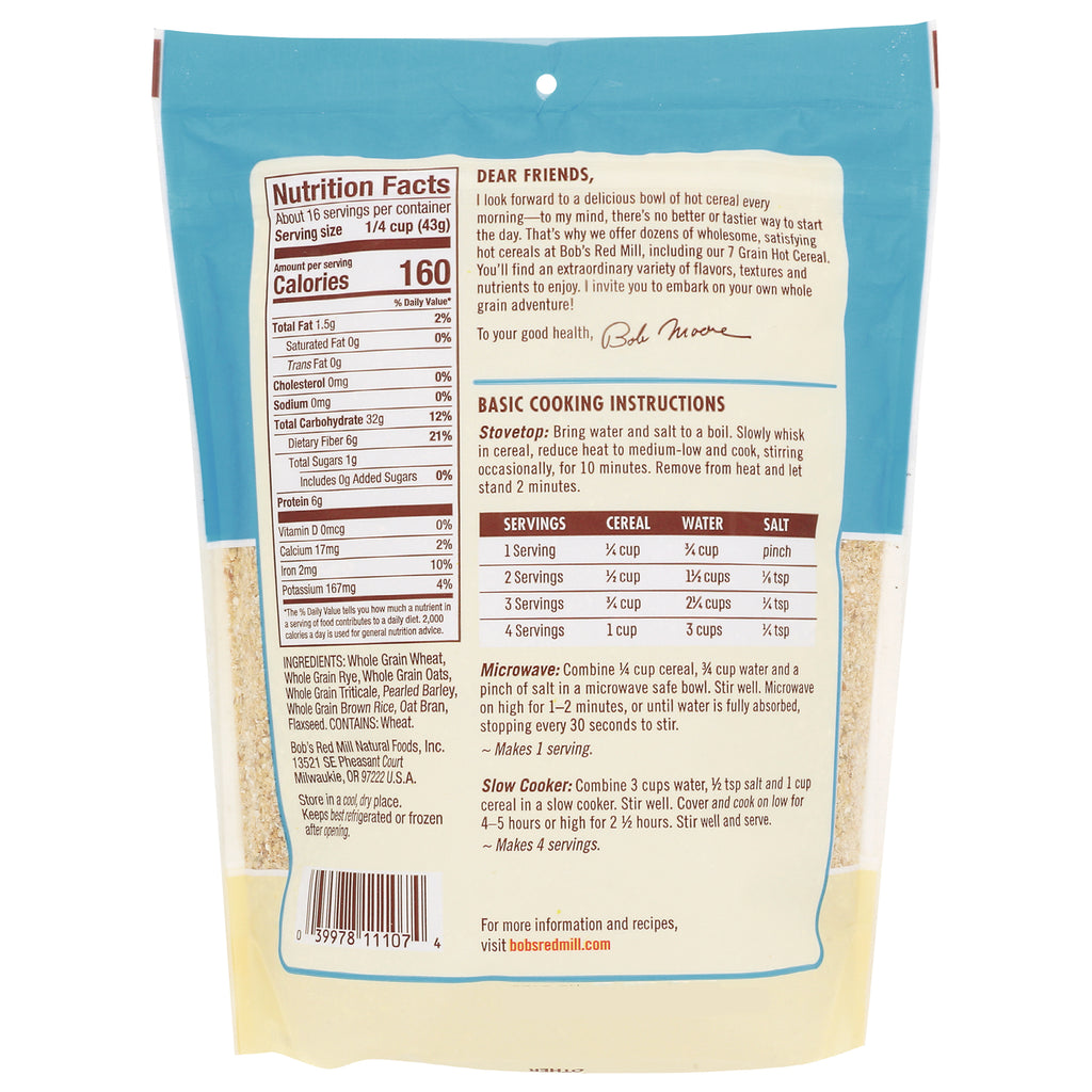 BOB424 | Back of cereal bag showing Nutrition Facts, cooking instructions, ingredients and barcode - Thumbnail