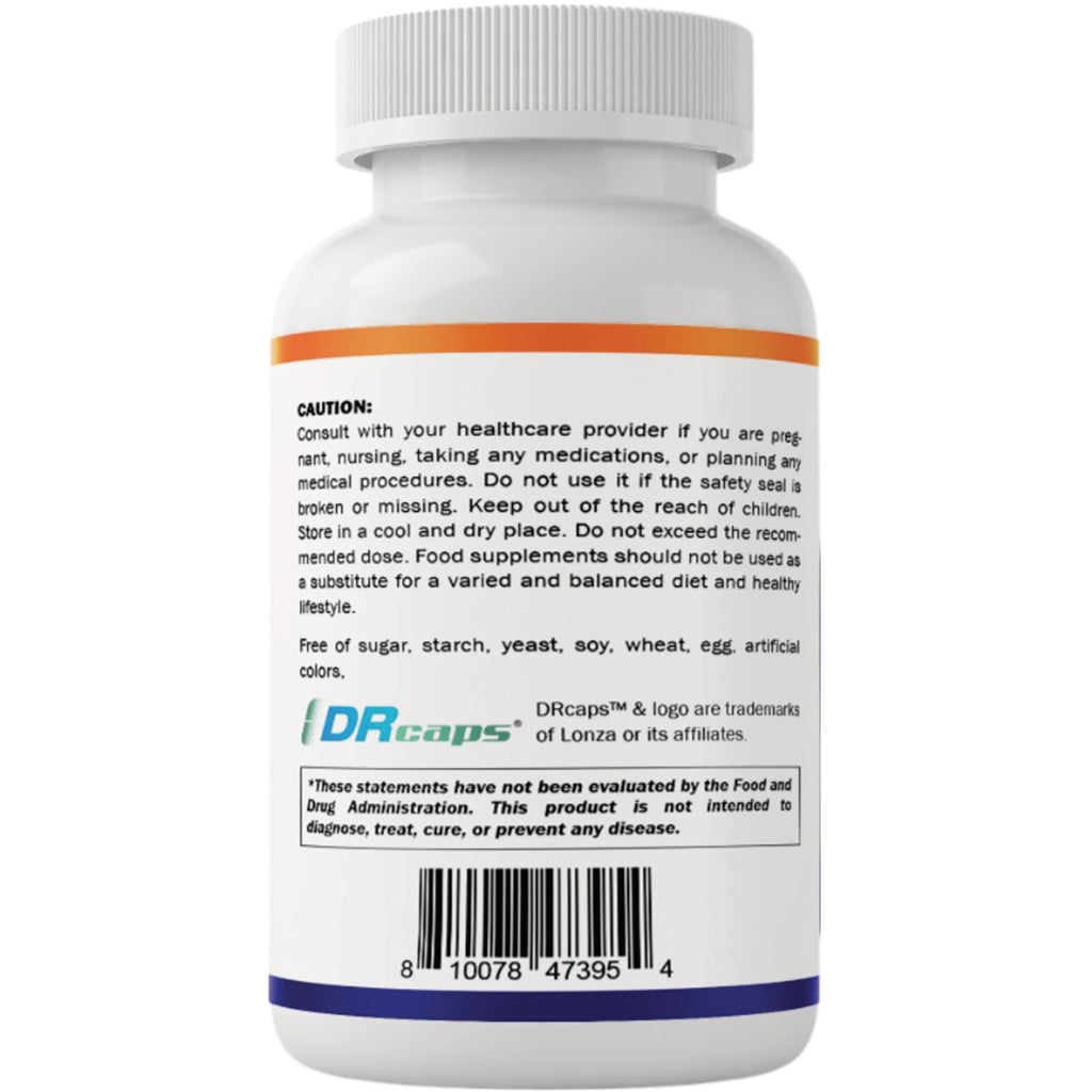 VAM002 | Back of supplement bottle showing caution text, DRcaps logo, and barcode - Thumbnail