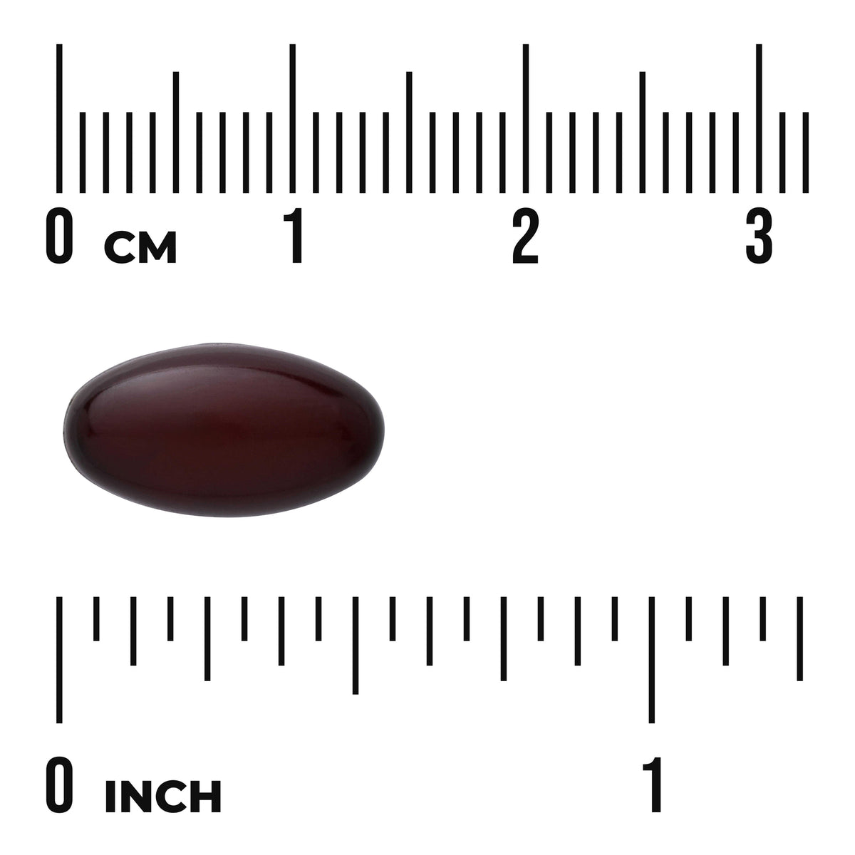 SWU906 | Dark oval softgel shown with centimeter and inch rulers for size reference