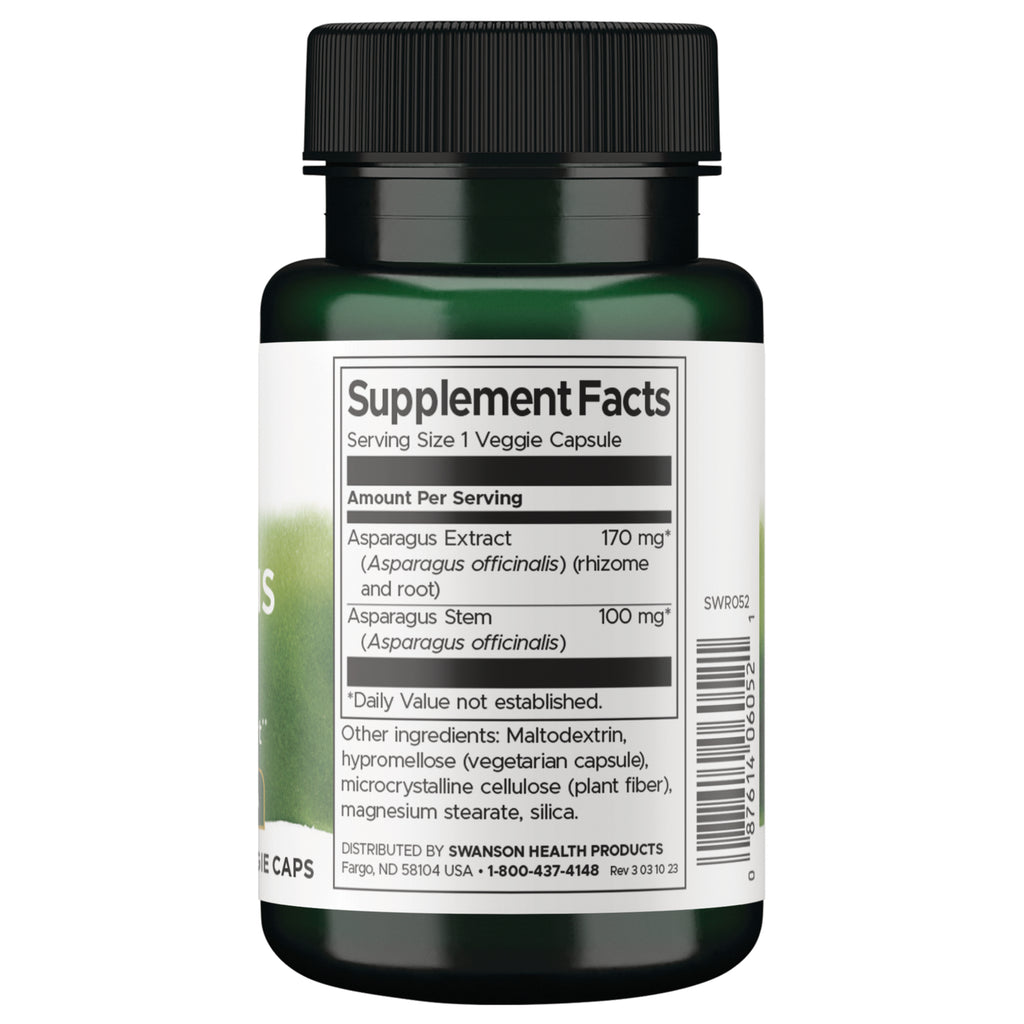 SWR052 | Back label with Supplement Facts: Serving Size 1 veggie capsule; Asparagus Extract 170 mg, Asparagus Stem 100 mg - Thumbnail