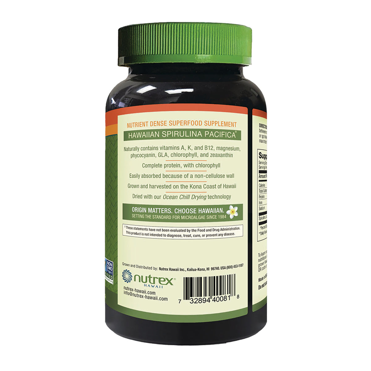 NUT027 | back label of supplement bottle reading Hawaiian Spirulina Pacifica with nutrition text, barcode and Nutrex logo
