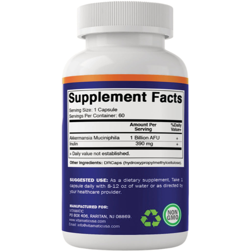 VAM002 | Supplement Facts panel for probiotic capsules: Akkermansia muciniphila 1 Billion AFU, Inulin 390 mg - Thumbnail