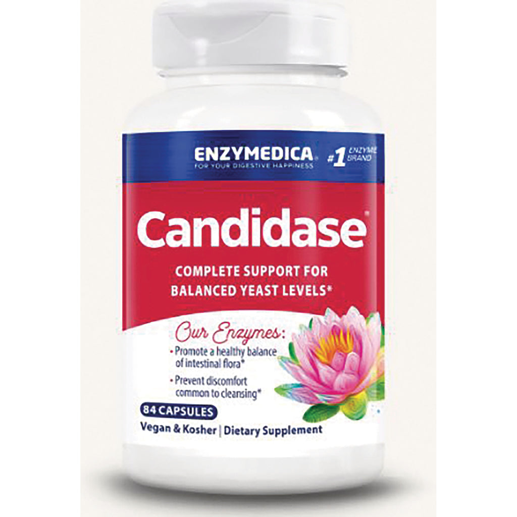 EMD005 | Front view of Candidase dietary supplement bottle with red label, 84 capsules, vegan & kosher - Thumbnail