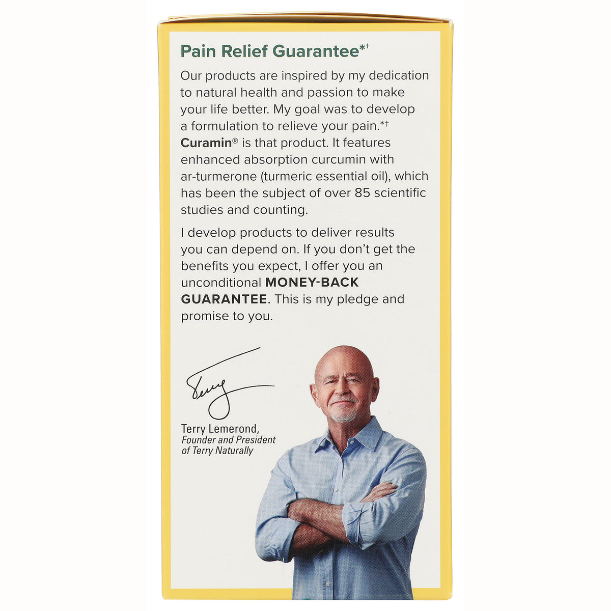 EUR002 | product infographic panel with Pain Relief Guarantee heading, money-back guarantee text, signature and founder portrait