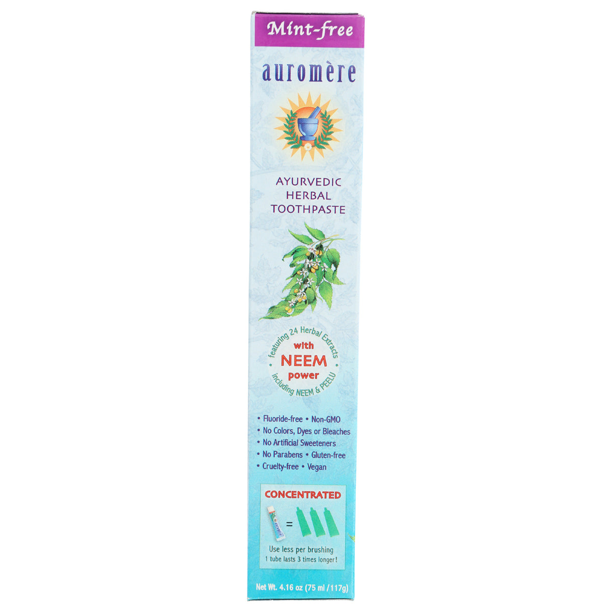 AUR007 | Back of Auromre Ayurvedic herbal toothpaste box showing Neem power, ingredient claims and concentrated use graphic