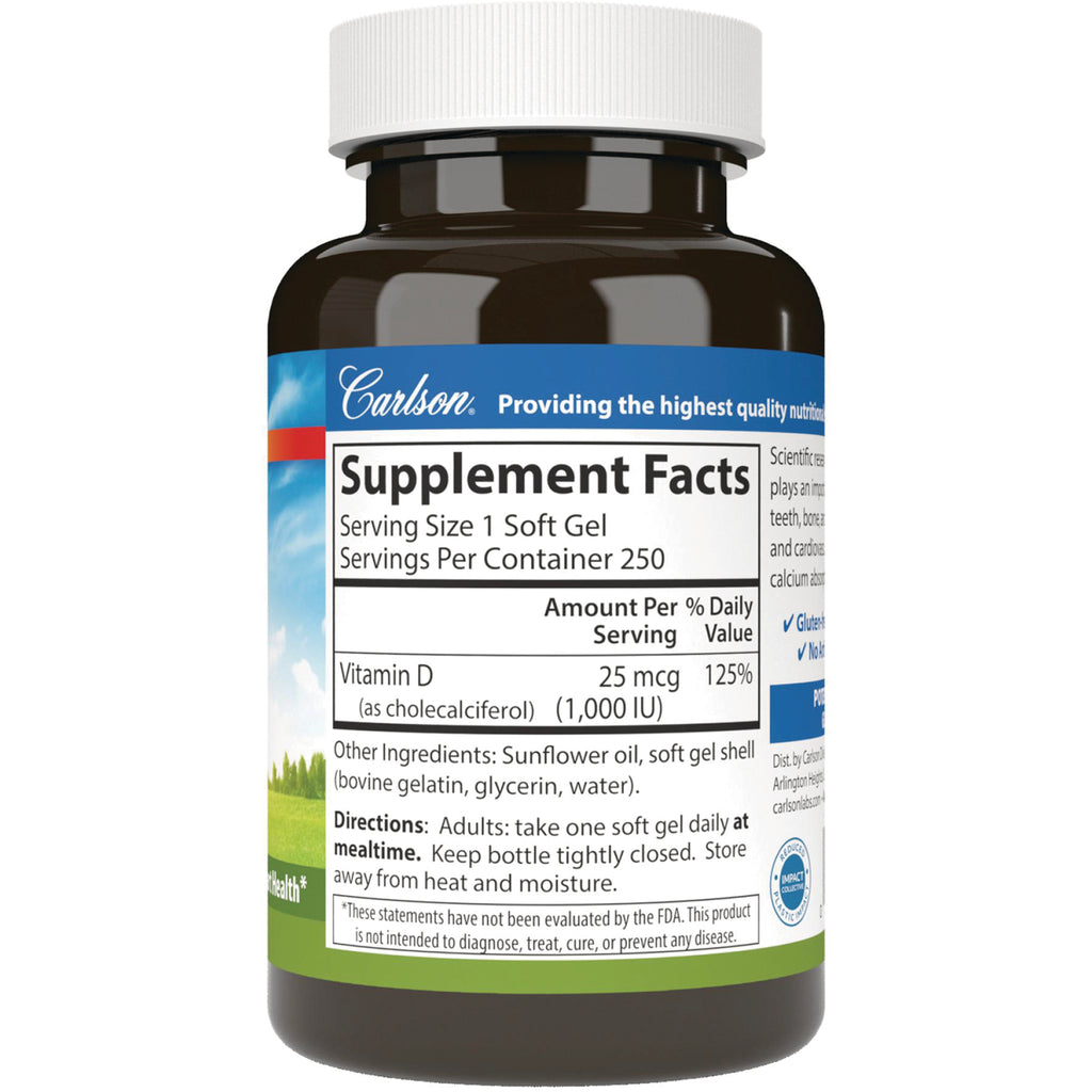 CSN187 | Back label showing Supplement Facts panel for vitamin D 25 mcg (1,000 IU), serving size 1 soft gel - Thumbnail