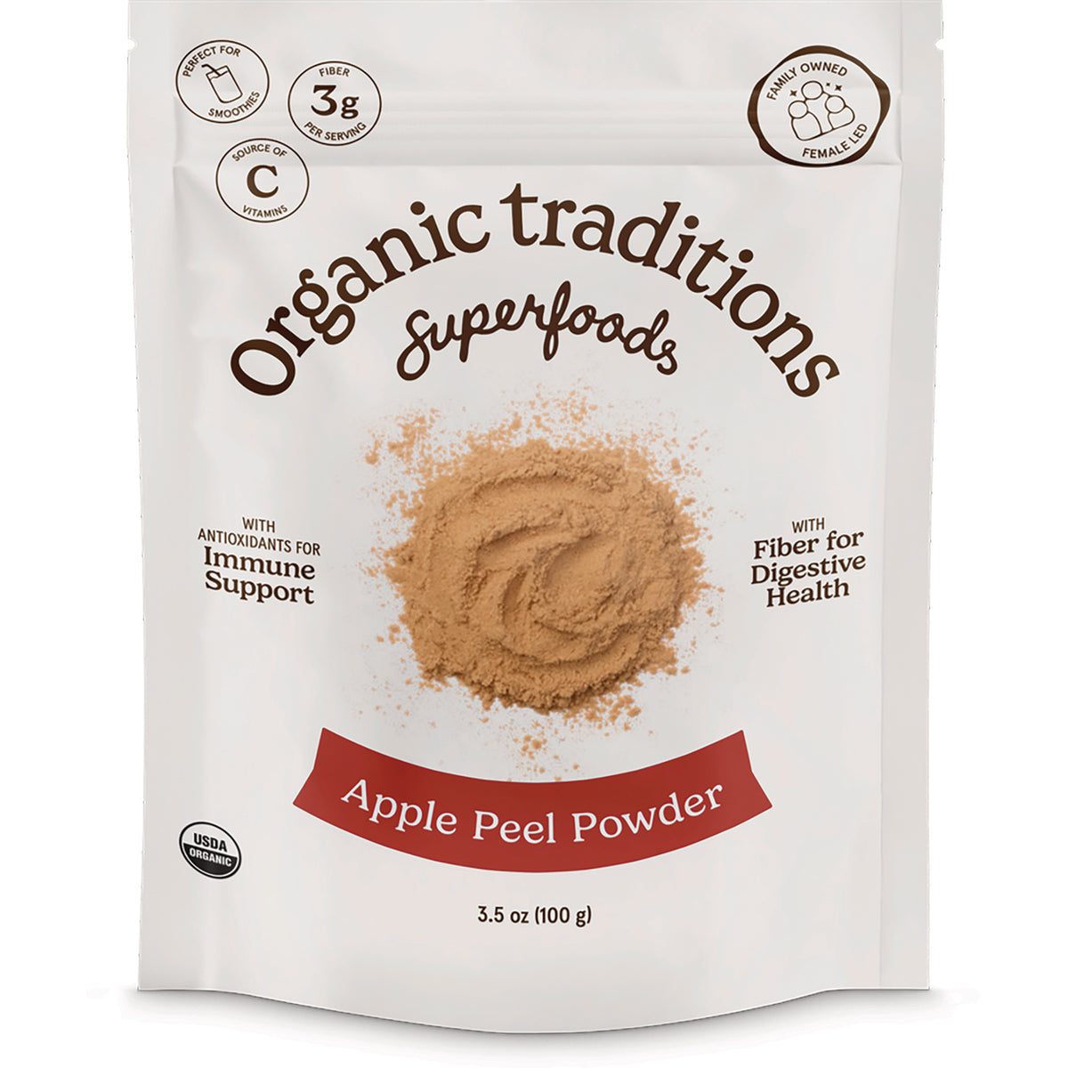 OTR065 | Organic Traditions Apple Peel Powder 3.5 oz front pouch showing powder and label