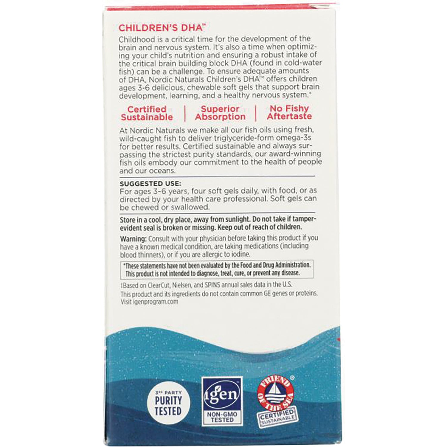 NRN002 | Back of Children's DHA box showing suggested use, warnings, and purity and non-GMO certification logos