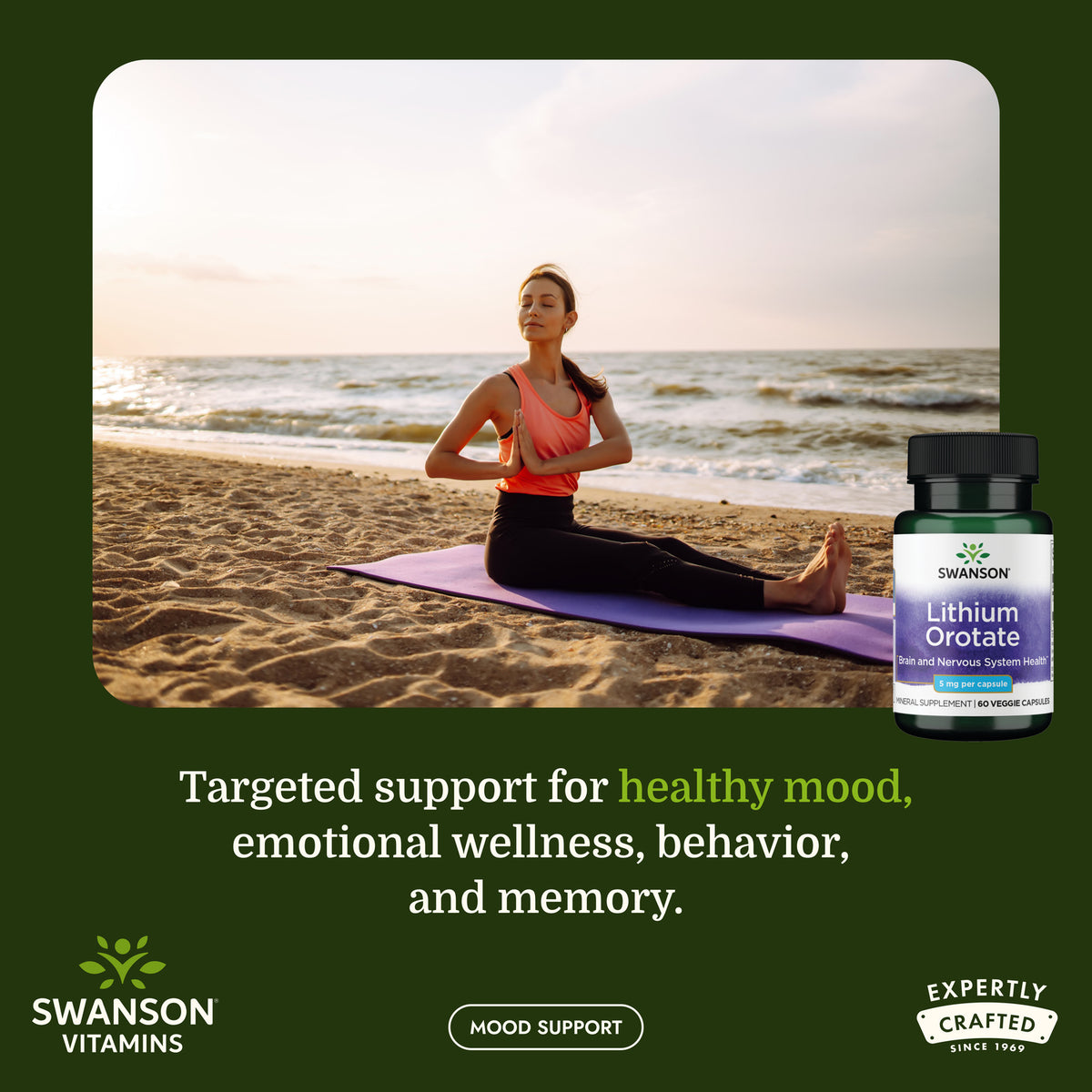 SWU913 | Woman meditates on a beach beside a Swanson Lithium Orotate bottle with mood support messaging