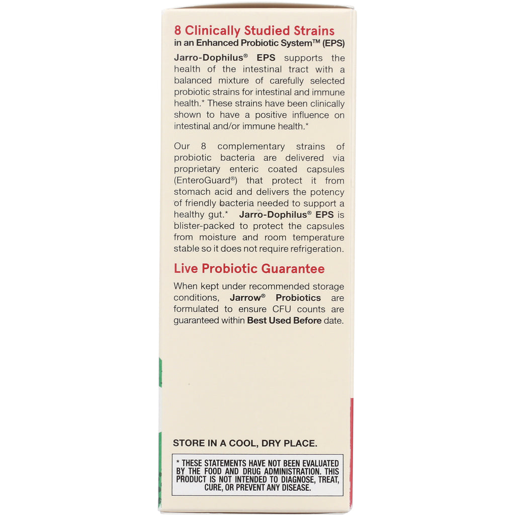 Side panel infographic on beige box describing 8 clinically studied probiotic strains and a live probiotic guarantee - Thumbnail
