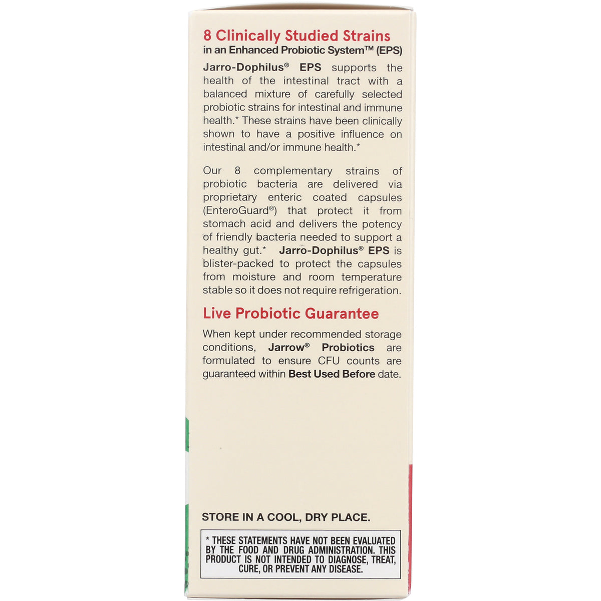 Side panel infographic on beige box describing 8 clinically studied probiotic strains and a live probiotic guarantee