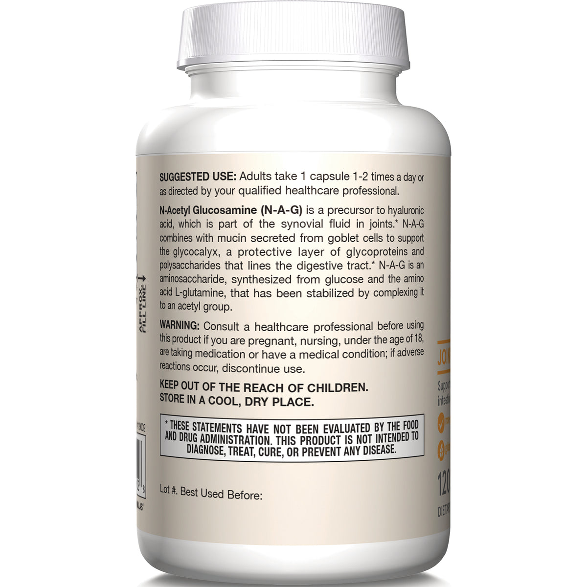 JR092 | Back label of white supplement bottle showing suggested use, warning, storage instructions and FDA disclaimer