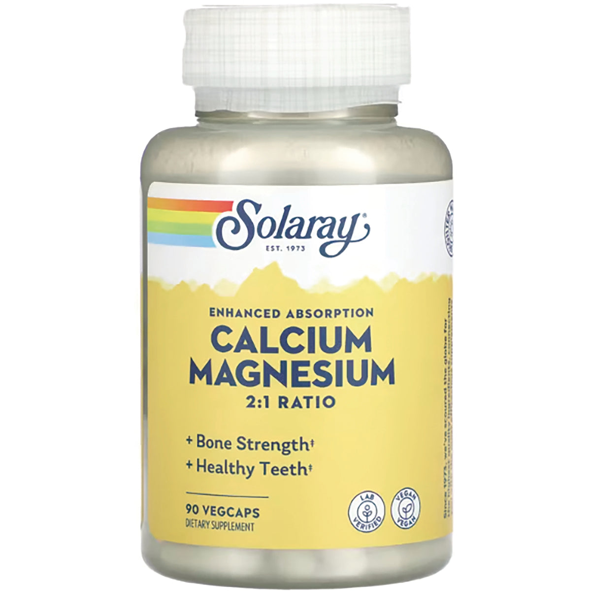 SLR333 | Solaray Calcium Magnesium 2:1 ratio supplement bottle with yellow label, 90 vegcaps